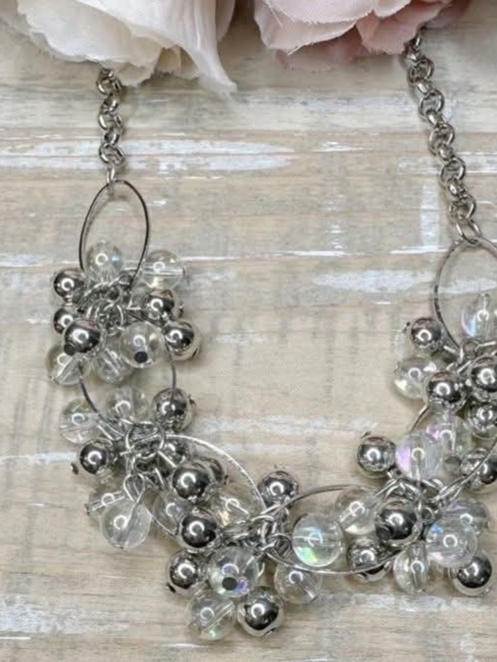 Silver and Iridescent Cluster Bead Necklace